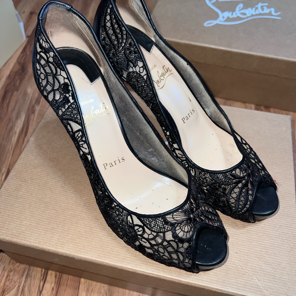 Christian Louboutin Black Lace Peep-Toe Stilettos - Picture 3 of 11